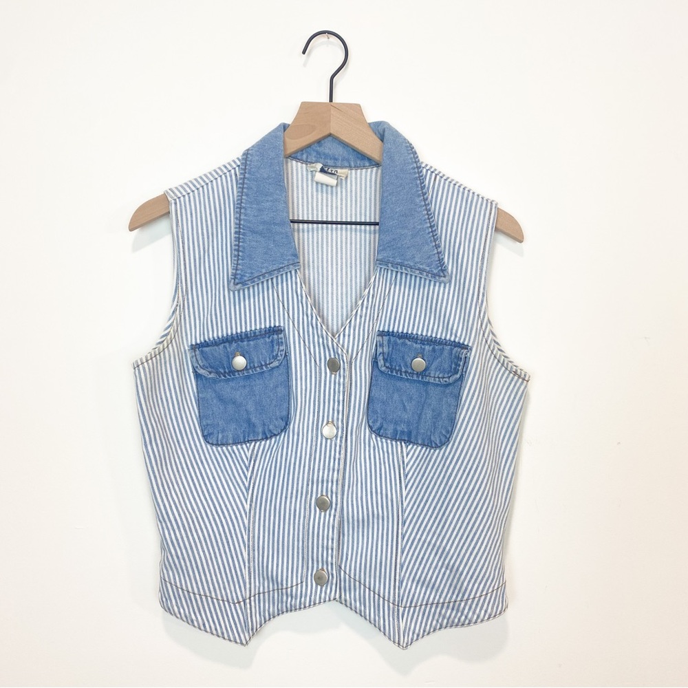 Vintage 80s 90s Striped Denim Vest, Western Boho Vest Large Made in USA